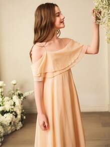 SHEIN Tween Girls' Elegant Summer Apricot Off Shoulder Chiffon Dress,Wedding Guest Formal High-Waist Long Soft Gown For Graduation,Wedding,Flower Girl Party - Apricot - View 7