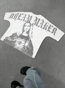 Manfinity EMRG Men's Casual Letter & Virgin Mary Print Short Sleeve White T-Shirt