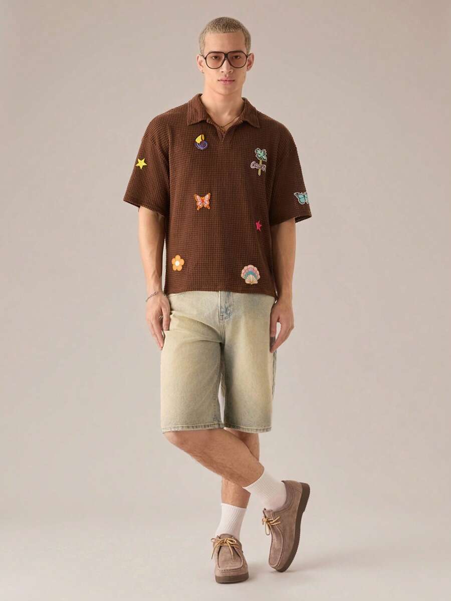 SWAVVY Áo thun polo tay ngắn dáng rộng thoải mái thời trang dệt kim cho nam, đi học - màu nâu - Xem 1