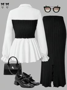 SHEIN 2pcs Teen Girl Shirt Collar Lantern Sleeve Knitted Top & Knitted A-Line Slit Hem Skirt Set