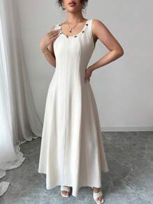 Gloray Damen Leinenkleid mit rundem Ausschnitt und ärmellos für den Berufsalltag