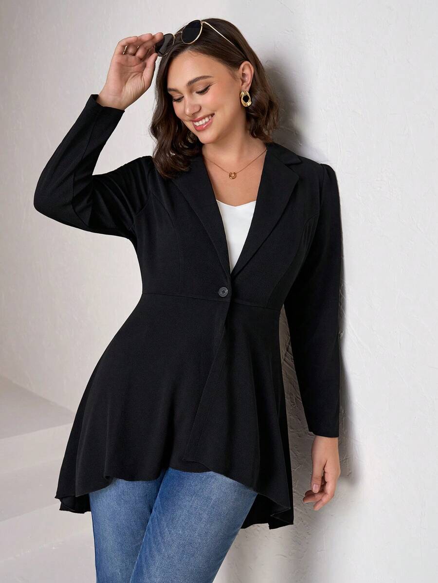 Chikora Plus Lapel Neck Single Button High Low Hem Blazer Graduation,Back To School,Teacher Outfits For Women In Fall/Winter - Black - View 1