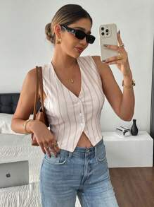 SHEIN Frenchy 撞色竖条纹无袖开衩单排扣上衣，夏季休闲款 - 杏色 - 查看 5