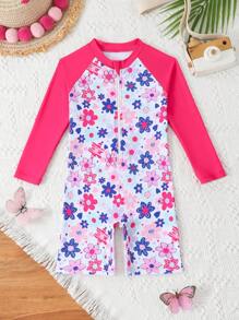 女童火烈鸟印花连体泳衣，带拉链，长袖，防晒衣，防紫外线，沙滩装 - 彩色 - 查看 1