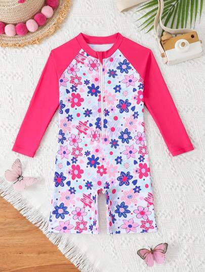 Traje de baño de una pieza con estampado de flamencos y protector solar de manga larga con cremallera para niñas
