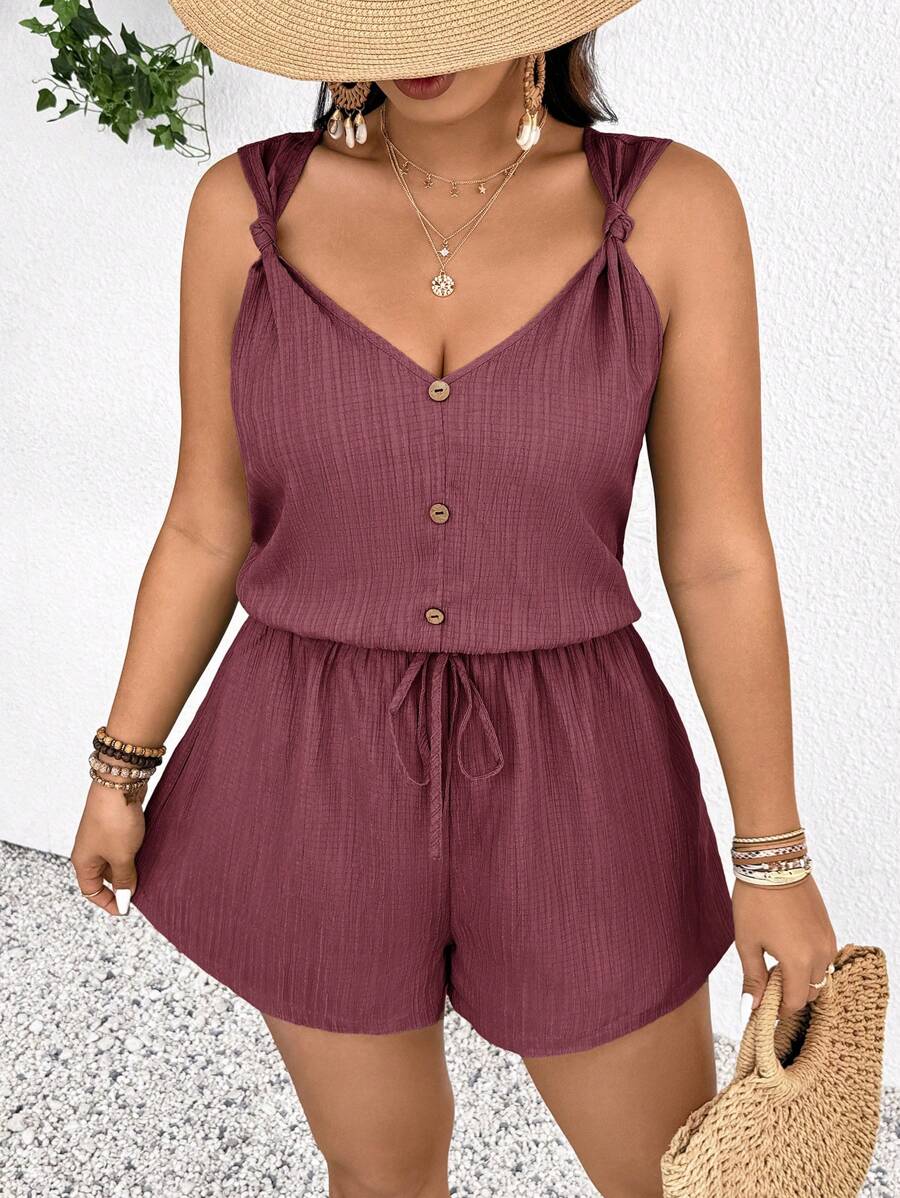 SHEIN Frenchy Plus Size Women's Casual Solid Color Tie Waist Romper, Summer - Dusty Purple - View 1