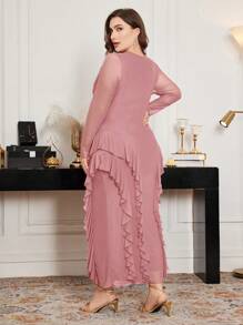 Modelyn Plus Size Spring&Summer Elastic Mesh Scoop Neck Ruffle Hem Bodycon Elegant Dress - Dusty Pink - View 2