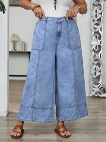EMERY ROSE Plus Size Women Summer Loose Pockets Wide Leg Jeans Women Jeans Tall Summer Clothes Women Clothes Women Bottoms - Light Wash - View 4