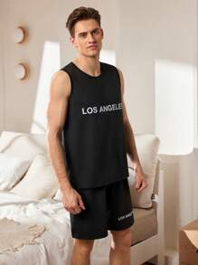 男士字母印花圆领背心和短裤睡衣套装