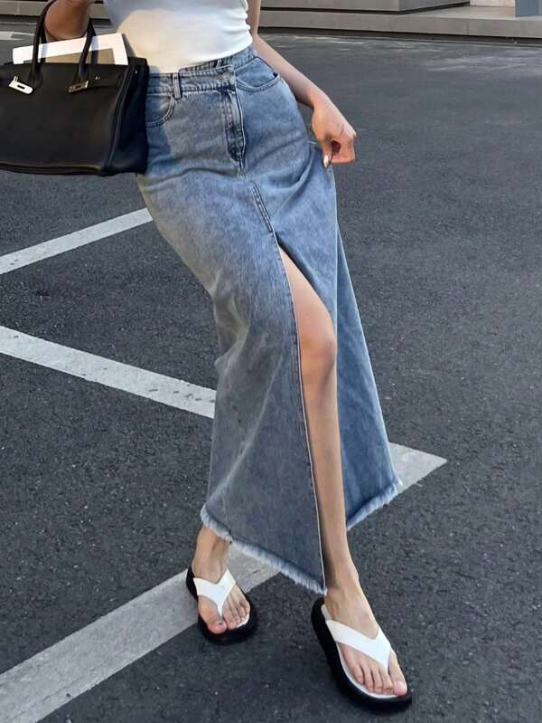 DAZY Vintage Washed Blue Fitted Straight Cut Slit Long Denim Skirt With Raw Hem Jeans Skirt