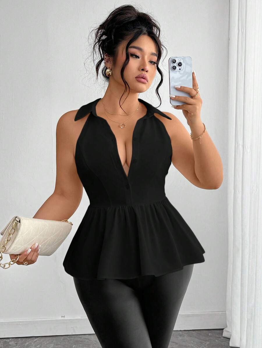 Elenzga Damen Große Größen Elegante einfarbige schwarze ärmellose Bluse mit gerüschtem Saum, romantisches, vielseitiges Design für Lässig/Business, Neu für Frühling/Sommer, Ausgehoberteil