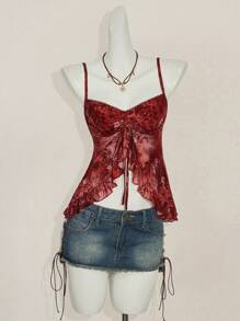 SHEIN ICON Top de tirantes tipo bata con estampado floral, volantes y escote en V, estampado de paisley al estilo bohemio de Hawai, fashionable y sexy para el verano