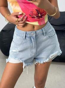 SHEIN 少女 Y2K 春夏假期浅色水洗低腰斜口袋牛仔裤迷你基本款短裤、少女夏季海滩波西米亚风度假短裤、夏季音乐会节日休闲狂欢装、少女夏季早午餐教堂毕业装、街头服饰、返校装 - 淺色水洗藍 - 查看 1