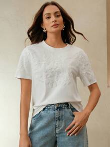 Anewsta Blusa/Camiseta de mujer de verano con ajuste holgado, elegante, con parche bordado y cuello redondo - Blanco - Ver 3