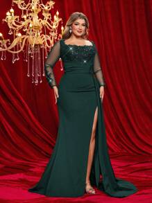 Glamrae Gaun Malam Formal Musim Dingin Ukuran Besar Warna Hijau Tua, Gaun Pesta Mewah Elegan dengan Bordir Benang Emas & Perak, Panel Berkerut, Buatan Tangan, untuk Tamu Pernikahan - Dark Green - View 8