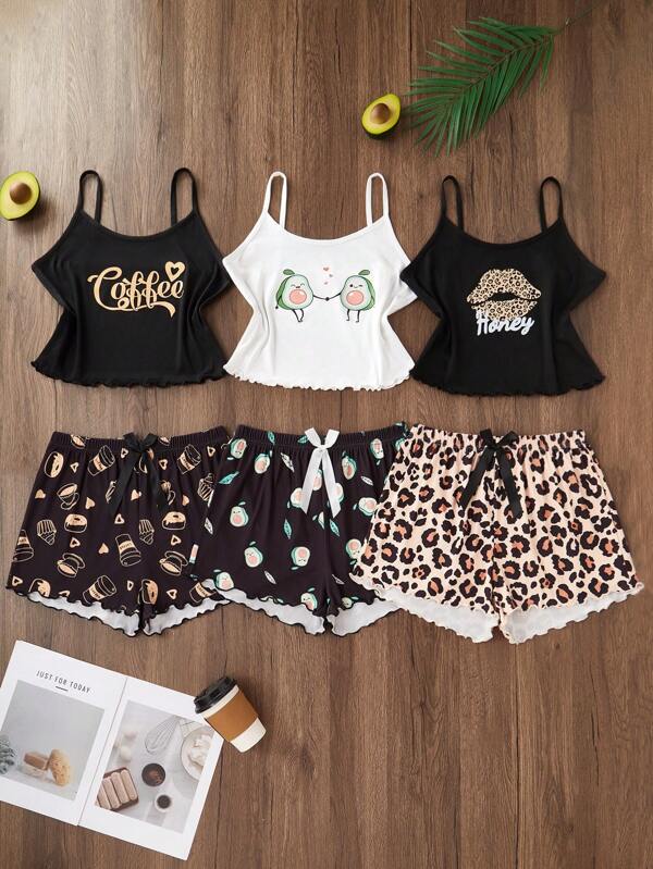 SHEIN 3 pièces Ensemble de pyjama short avec débardeur à imprimé de dessin animé