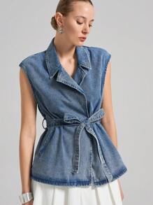 Ontre Women's Blue Denim Vest Removable Belt Lapel Design 25SS Old Money Style, Business Casual Woman, Vintage