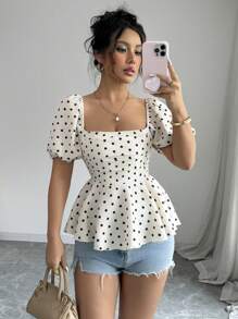 Rafferiza 女式夏季方领泡泡袖修身优雅波尔卡圆点上衣