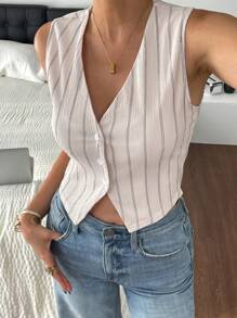 SHEIN Frenchy 撞色竖条纹无袖开衩单排扣上衣，夏季休闲款 - 杏色 - 查看 4