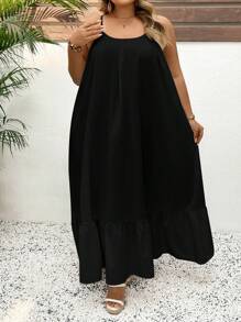 SHEIN CURVE+ Solid Color Plus Size Tank Top Swing Dress,Long Vacation Dress, Wedding Anniversary, White Dress, Long White Dress Boho Vacation Beach Outfits For Woman/Beach Dress/Beach Vacation Outfits/Beach Essentials / Graduation/Tea Party Dress,Sundress,Summer Dresses For Women