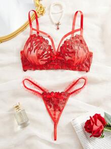 SHEIN 2pcs/Set Women Embroidery Lace Trim Sexy Lingerie Set - Red - View 4