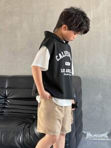 SHEIN Leap Crew 3pcs/Set Tween Boys Casual Loose Fit Black Hooded Vest, White Knit Round Neck T-Shirt, And Khaki Elastic Waist Cargo Pocket Shorts Outfit - Black - View 4