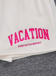 SHEIN 青少年女孩休闲针织字母印花短袖T恤上衣和短裤两件套度假装