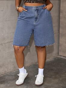 SHEIN EZwear Plus Size Blue Distressed Denim Casual Slim Fit Shorts,Spring For Women / Spring,Summer For Women / Summer / Summer / Cute,Easter / Easter / Easter Women,Concert Women / Rave / Rave Festival / Country Concert / Nashville - Blue - View 3