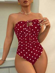 Women Polka Dot Printed Ruffle Monokini Sexy Criss-Cross Backless Swimsuit For Beach Vacation For Summer - Red - View 1