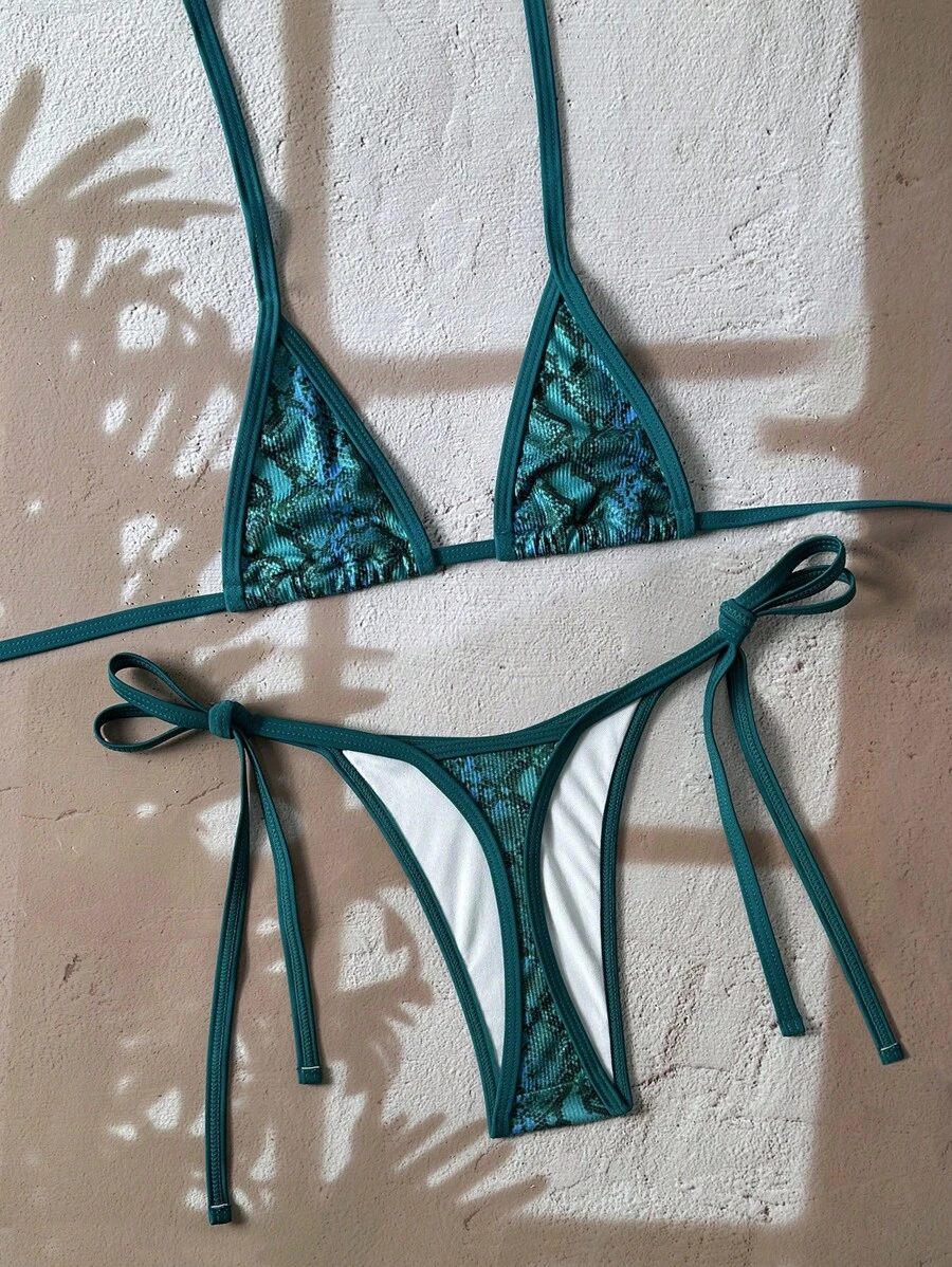 Swim Vcay Set de bikini de 2 piezas con top de bralette de halter y Bottom de tanga con lazos laterales, estampado floral aleatorio y textura - Traje de baño sexy