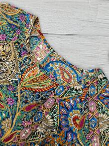 SHEIN PETITE Blusa casual de mujer con cuello redondo, mangas con volantes y estampado retro bohemio, para primavera/verano - Multicolor - Ver 4