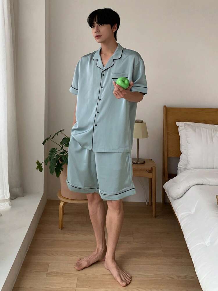 Letter Print Green Shirt With Casual Summer Men's Pajama Set