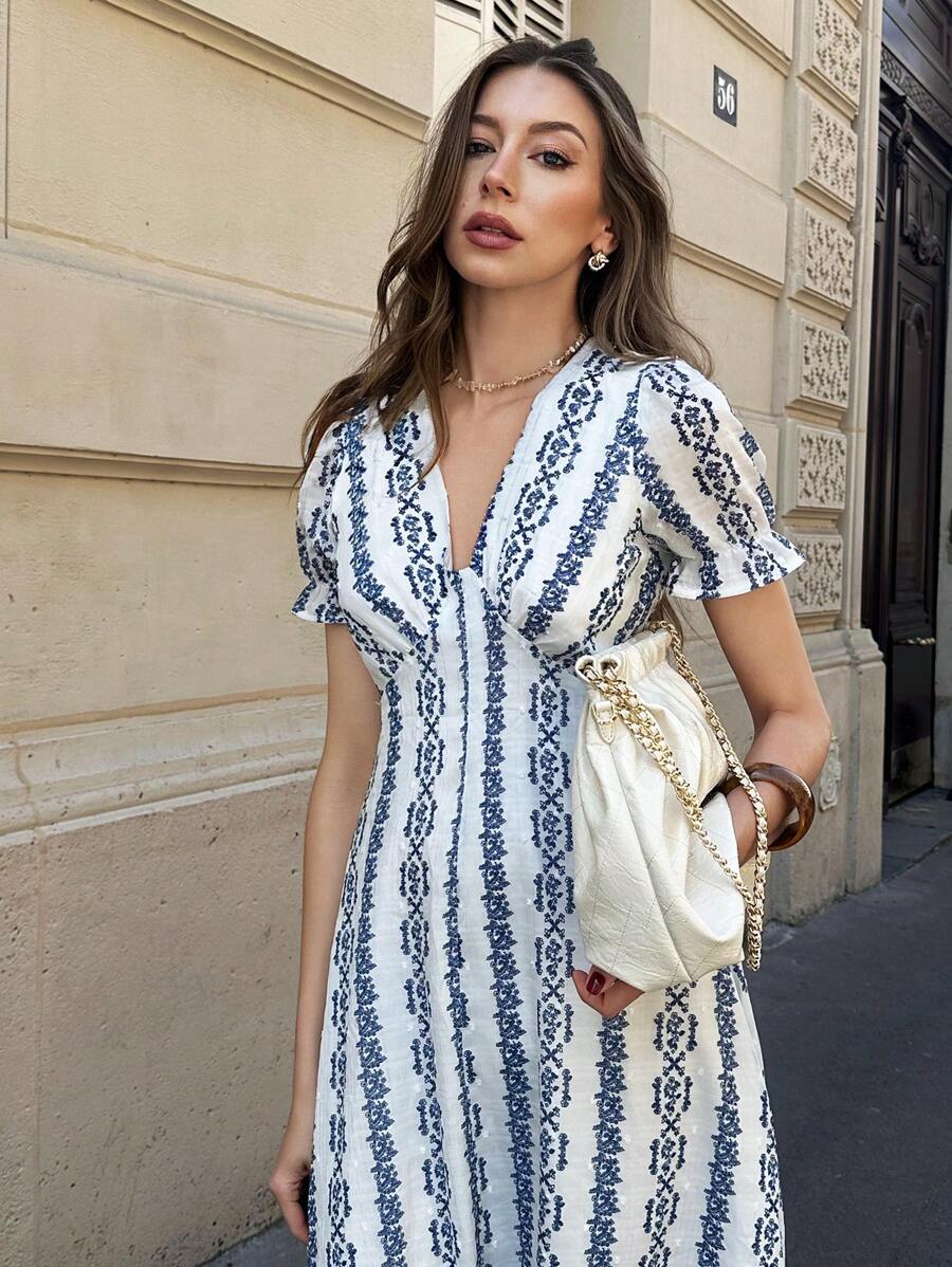 Pariaura Vestido vintage con cuello en V, estampado y manga abullonada, con cintura definida, para primavera/verano - Azul y blanco - Ver 1