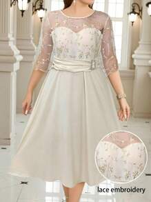 SHEIN Clasi Rochie de damă cu broderie din plasă, mărime mare, elegantă pentru petrecerea de Ramadan, primăvară - Caisă - Vizualizare 3