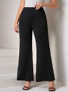 Chikora Plus Size Fashionable Lace Splice Flare Pants - Black - View 3