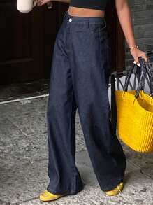 DAZY 女式宽松阔腿牛仔裤，西部牛仔装饰缝线，口袋，休闲街头风格夏季裤子