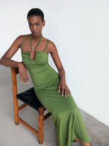 Maija Vestido de verano verde con espalda abierta para mujer, vestido maxi elegante y sencillo con tirantes cruzados, cola de gallo sin espalda, elegante, para fiesta, graduación profesional de damas y verano casual, Formal Vestido para fiestas/danza, outfit de cumpleaños