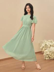 SHEIN 优雅青少年简约时尚圆领短袖高腰长款雪纺绿色连衣裙，适合夏季婚礼、花童、毕业典礼、女孩