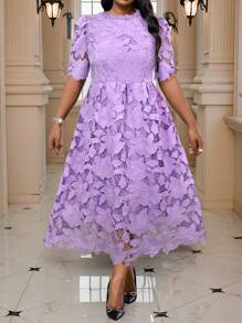 Fleurora Spring And Summer Autumn And Winter Elegant Commuting Wedding Valentine's Day Office Colorful Woven Lace Round Neck Flared Puff Sleeve Ruffle Neck Midi Short Sleeve Plus Size Dresses Holiday Outfits Classy Outfits Fall Clothes Curve - Purple - View 5