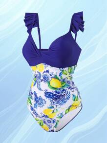 SHEIN Swim بدلة سباحة حريمي قطعة واحدة ، برقبة واحدة وأشرطة مكسرة ، ذات طبعات ملونة وسادة، بأناقة الصيف