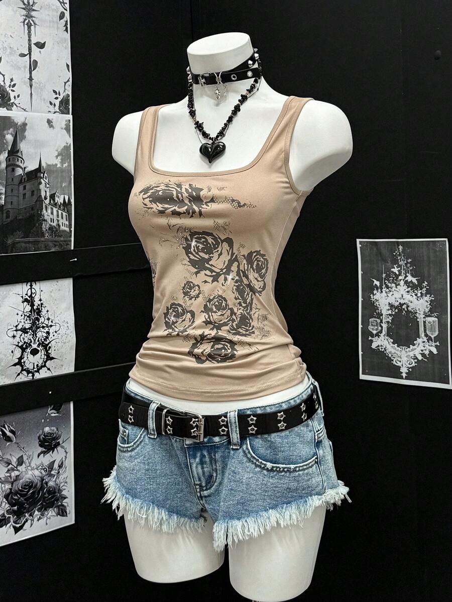 EgrlEra 女式春夏卡其色 Y2K 水钻装饰黑色图案印花街头修身舒适朋克摇滚休闲吊带背心 - 棕色 - 查看 1