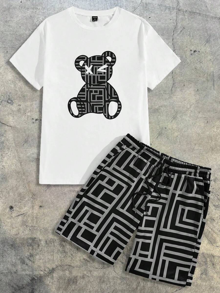 AXEPEAK Set di t-shirt a maniche corte e pantaloncini con stampa orsetto, adatto all'abbigliamento da strada, per l'estate, da uomo