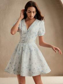 Anewsta 优雅碎花泡泡袖 V 领束腰中长连衣裙，法式度假风格，适合春夏季、节日、毕业典礼 - 藍色 - 查看 4