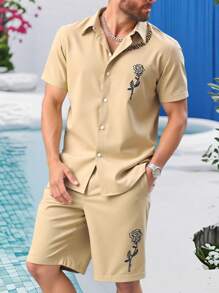 Manfinity Homme Men's Flower & Letter Graphic Short Sleeve Shirt Set - Khaki - View 1