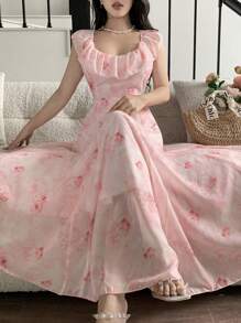 Modelyn 优雅花卉印花荷叶边领收腰法式连衣裙