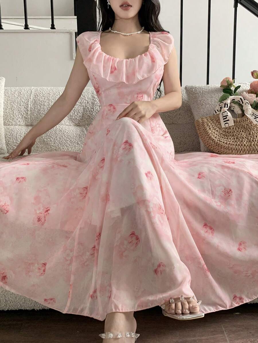 Modelyn 优雅花卉印花荷叶边领收腰法式连衣裙