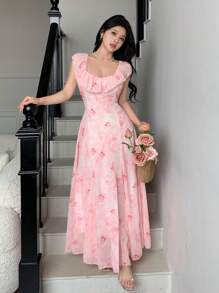 Modelyn 优雅花卉印花荷叶边领收腰法式连衣裙