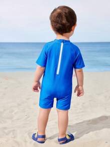 BABY SHARK X SHEIN Baby Boy Cartoon Shark Pattern Raglan Sleeve Back Zipper One-Piece Swimsuit - Multicolor - View 2