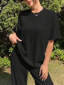 SHEIN EZwear 2 件套女式纯色宽松蝙蝠袖短袖黑色 T 恤和裤子休闲套装，加大码，2 件套夏季服装女士夏季服装，舒适两件套女式 - 黑色 - 查看 3