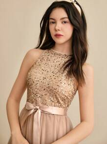 SHEIN 伴娘亮片和网眼拼接 A 字裙，适合少女高端舞会礼服、花童礼服、生日派对、婚礼